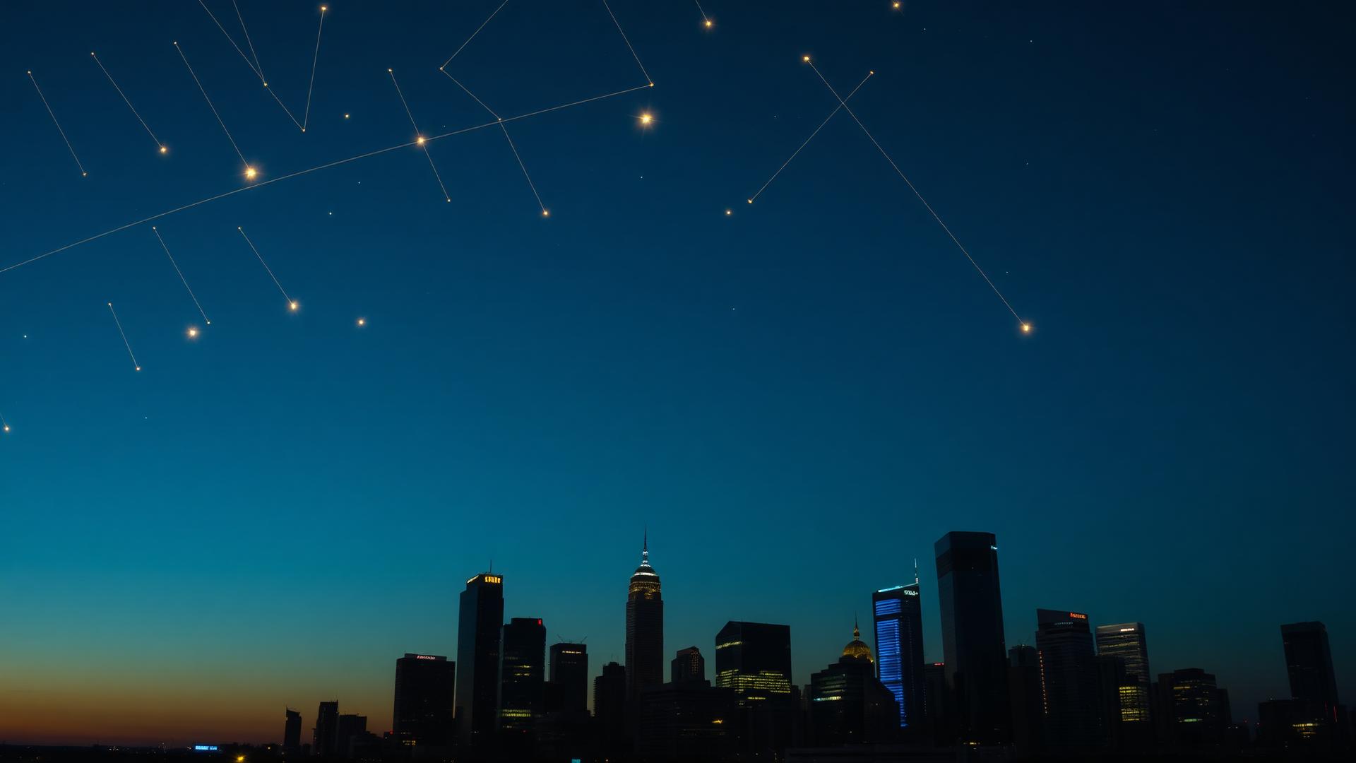 Houston skyline at twilight beneath a constellation of golden stars